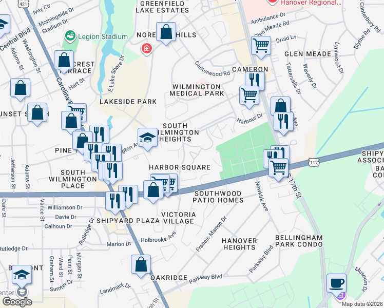 map of restaurants, bars, coffee shops, grocery stores, and more near 1192 Harbour Drive in Wilmington