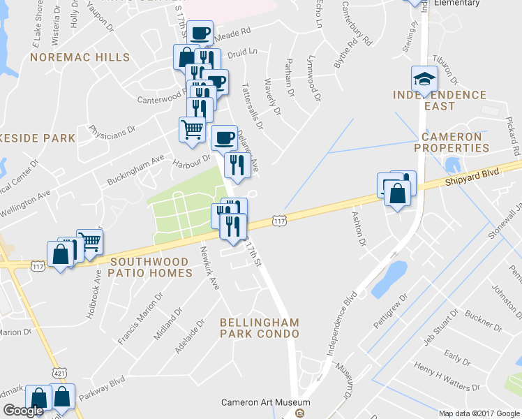 map of restaurants, bars, coffee shops, grocery stores, and more near 1717 Shipyard Boulevard in Wilmington