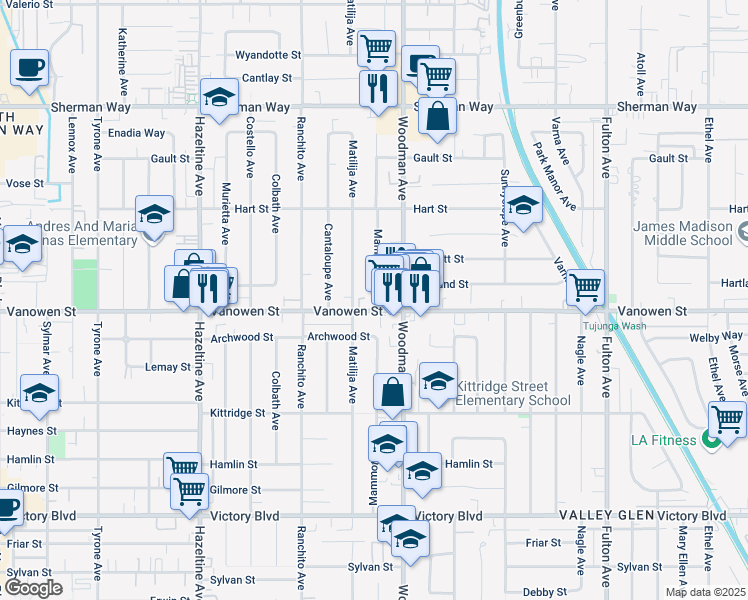 map of restaurants, bars, coffee shops, grocery stores, and more near 6801 Mammoth Avenue in Los Angeles