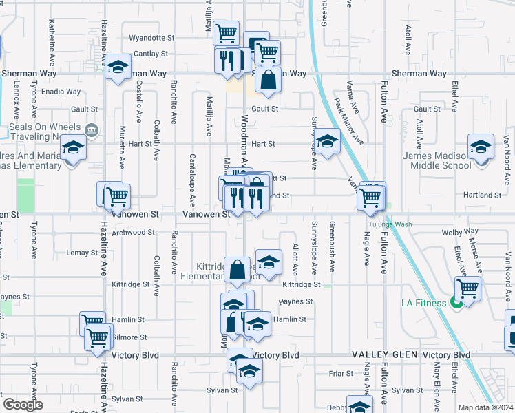 map of restaurants, bars, coffee shops, grocery stores, and more near 13645 Vanowen Street in Los Angeles