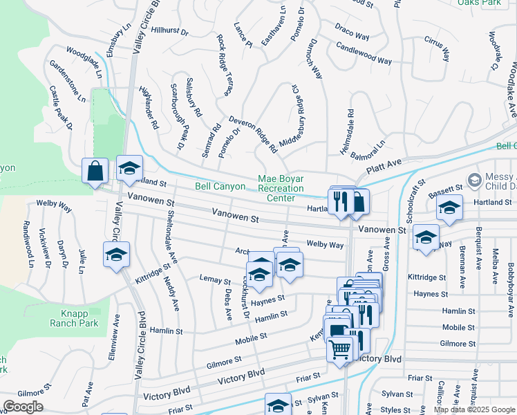 map of restaurants, bars, coffee shops, grocery stores, and more near 23954 Hartland Street in Los Angeles
