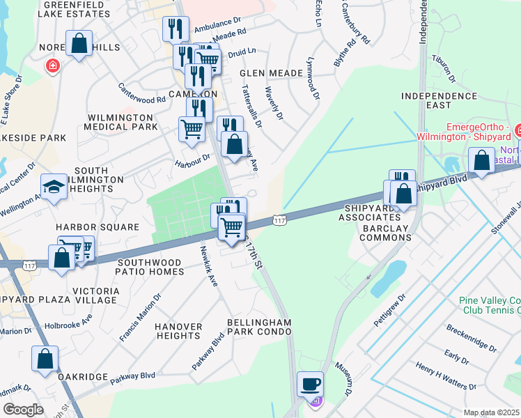 map of restaurants, bars, coffee shops, grocery stores, and more near 1717 Shipyard Boulevard in Wilmington