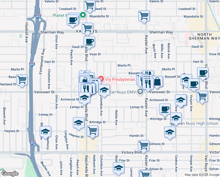 map of restaurants, bars, coffee shops, grocery stores, and more near 15107 Vanowen Street in Los Angeles