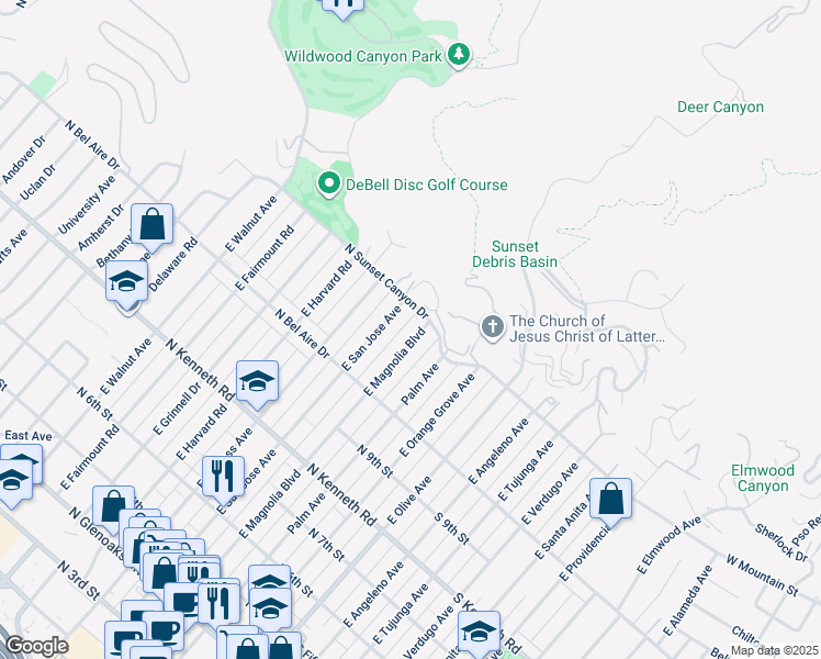 map of restaurants, bars, coffee shops, grocery stores, and more near 1067 East Magnolia Boulevard in Burbank