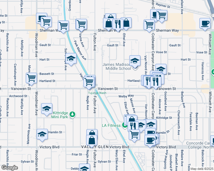 map of restaurants, bars, coffee shops, grocery stores, and more near 13211 Vanowen Street in Los Angeles