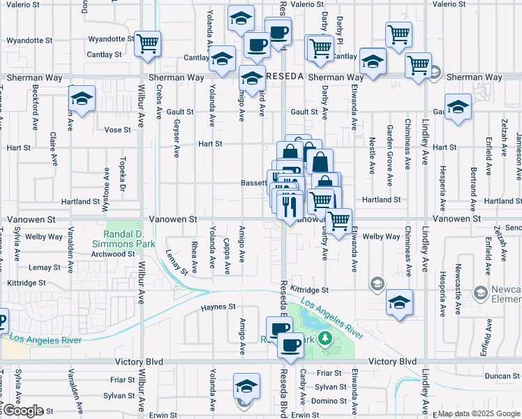 map of restaurants, bars, coffee shops, grocery stores, and more near 6809 Baird Avenue in Los Angeles
