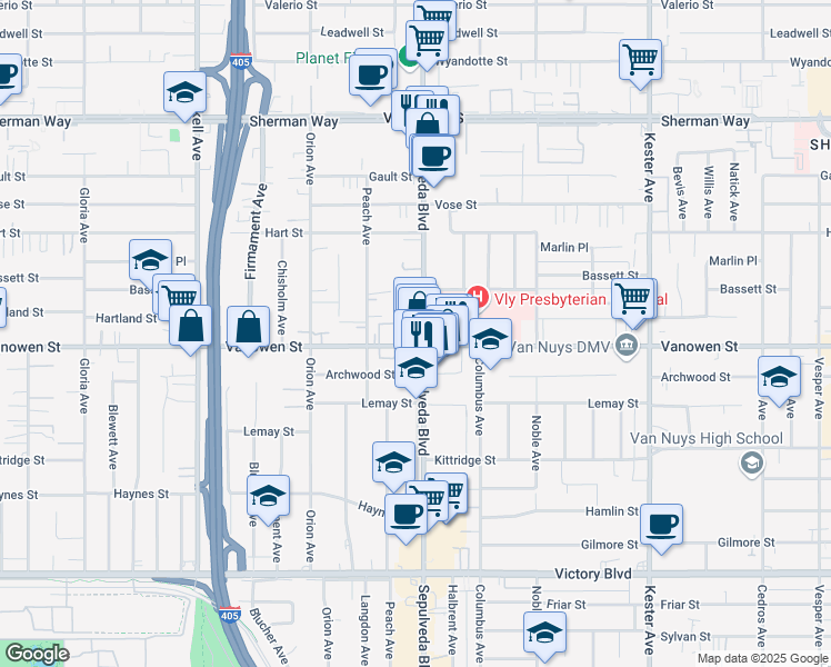 map of restaurants, bars, coffee shops, grocery stores, and more near 15319 Vanowen Street in Los Angeles