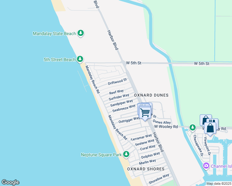map of restaurants, bars, coffee shops, grocery stores, and more near 5336 Reef Way in Oxnard