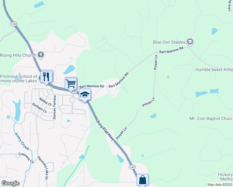 map of restaurants, bars, coffee shops, grocery stores, and more near 382 Bart Manous Road in Canton