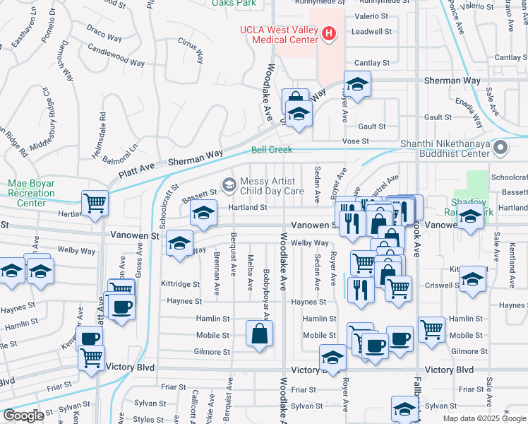 map of restaurants, bars, coffee shops, grocery stores, and more near 23232 Hartland Street in Los Angeles