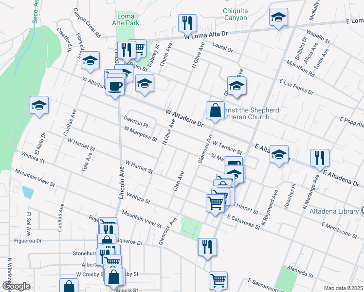map of restaurants, bars, coffee shops, grocery stores, and more near 263 West Mariposa Street in Altadena