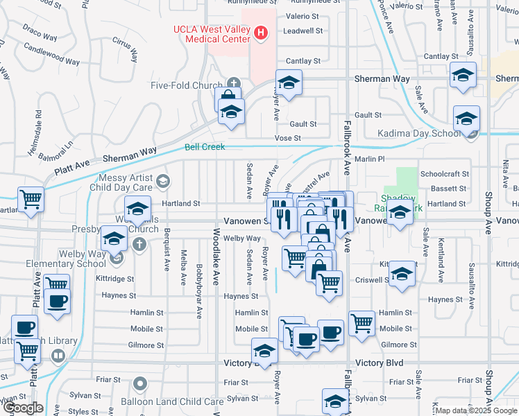 map of restaurants, bars, coffee shops, grocery stores, and more near 23010 Hartland Street in Los Angeles