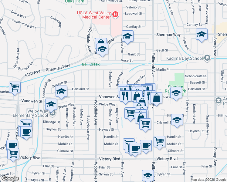 map of restaurants, bars, coffee shops, grocery stores, and more near 23018 Hartland Street in Los Angeles