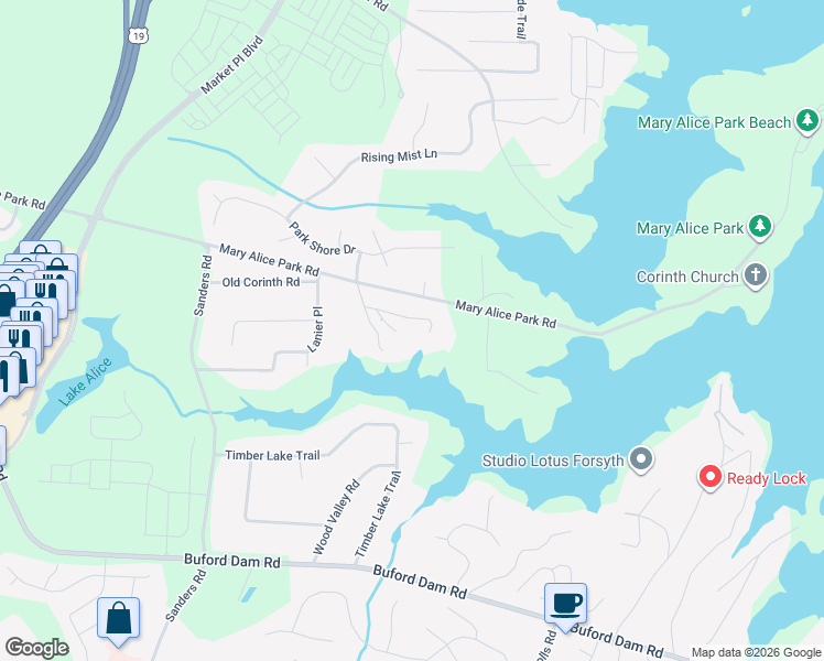 map of restaurants, bars, coffee shops, grocery stores, and more near 1260 Buford Dam Way in Cumming