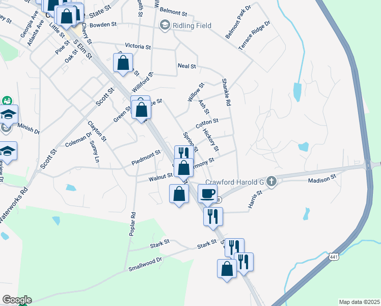 map of restaurants, bars, coffee shops, grocery stores, and more near 84 Barber Street in Commerce
