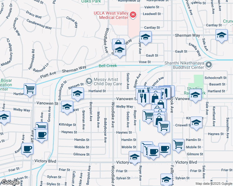 map of restaurants, bars, coffee shops, grocery stores, and more near 23130 Hartland Street in Los Angeles