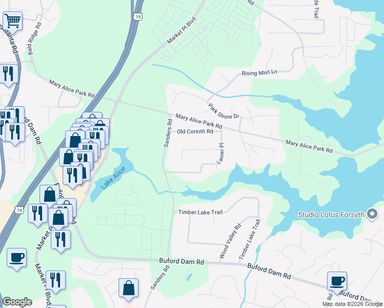 map of restaurants, bars, coffee shops, grocery stores, and more near 1297 Allendale Drive in Cumming