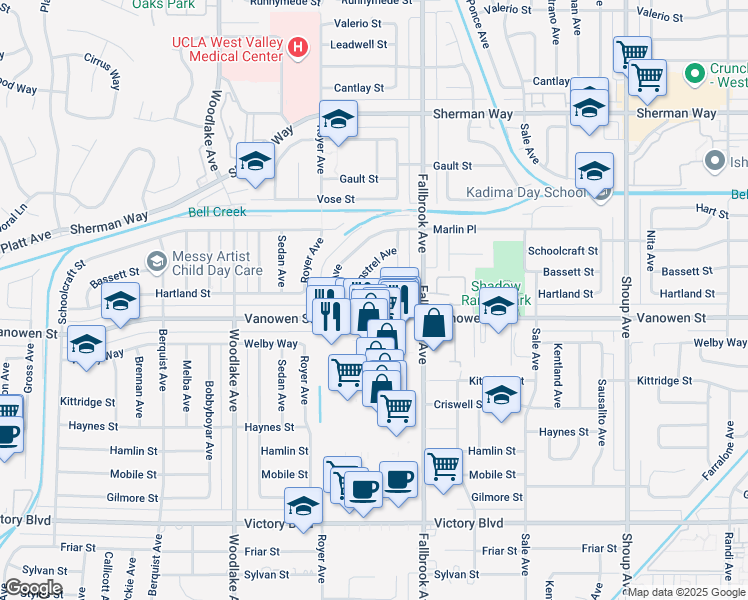 map of restaurants, bars, coffee shops, grocery stores, and more near 22907 Vanowen Street in Los Angeles