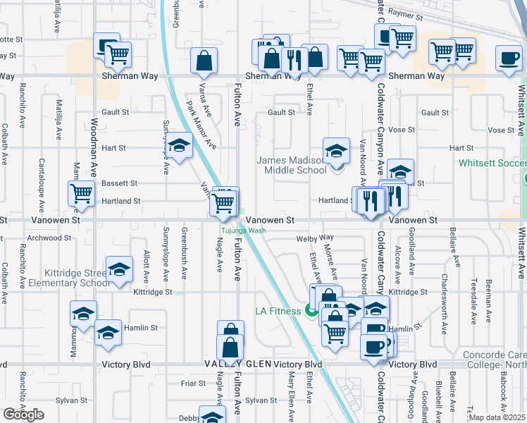 map of restaurants, bars, coffee shops, grocery stores, and more near 13219 Vanowen Street in Los Angeles