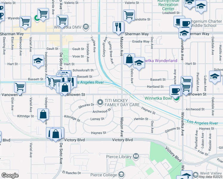 map of restaurants, bars, coffee shops, grocery stores, and more near 20542 Hartland Street in Los Angeles