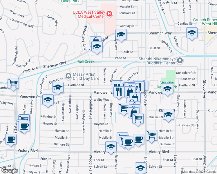 map of restaurants, bars, coffee shops, grocery stores, and more near 23033 Vanowen Street in Los Angeles