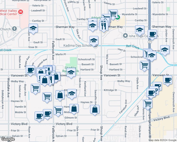 map of restaurants, bars, coffee shops, grocery stores, and more near 22504 Hartland Street in Los Angeles