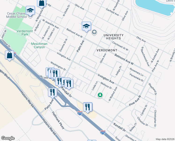 map of restaurants, bars, coffee shops, grocery stores, and more near 6225 Mandy Lane North in San Bernardino