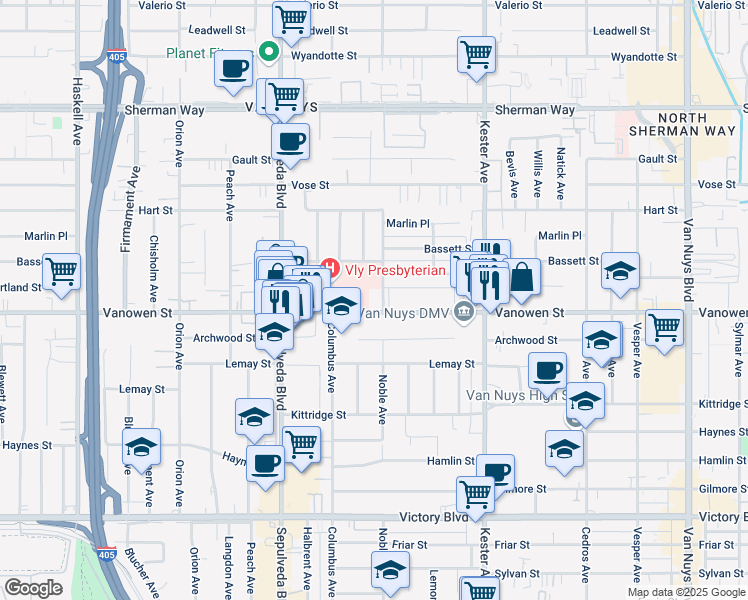 map of restaurants, bars, coffee shops, grocery stores, and more near 6815 Noble Avenue in Los Angeles