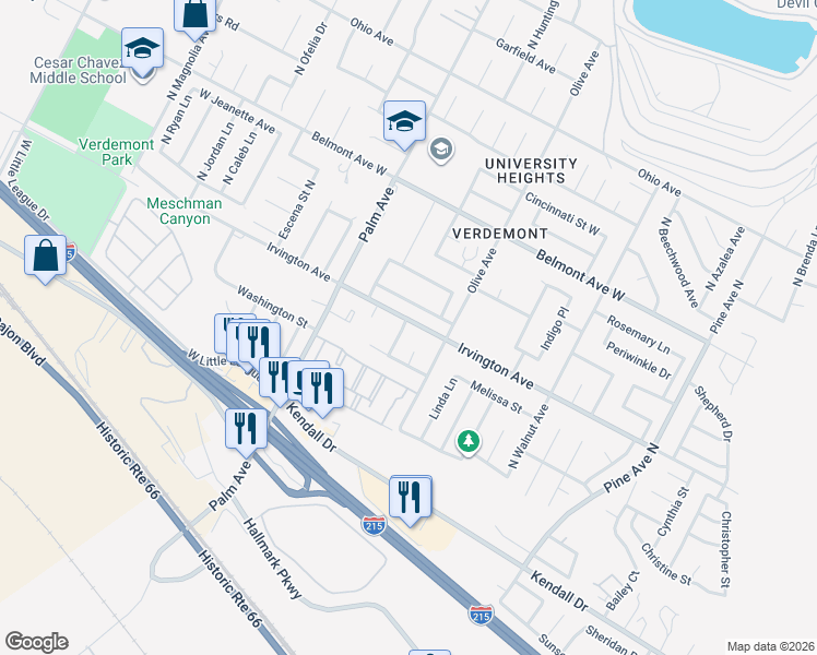 map of restaurants, bars, coffee shops, grocery stores, and more near 6194 North Patricia Court in San Bernardino