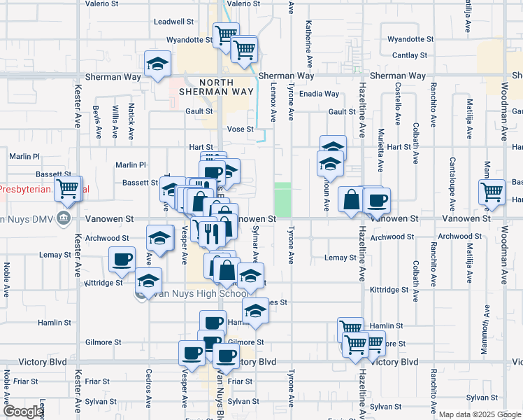 map of restaurants, bars, coffee shops, grocery stores, and more near 14409 Vanowen Street in Los Angeles