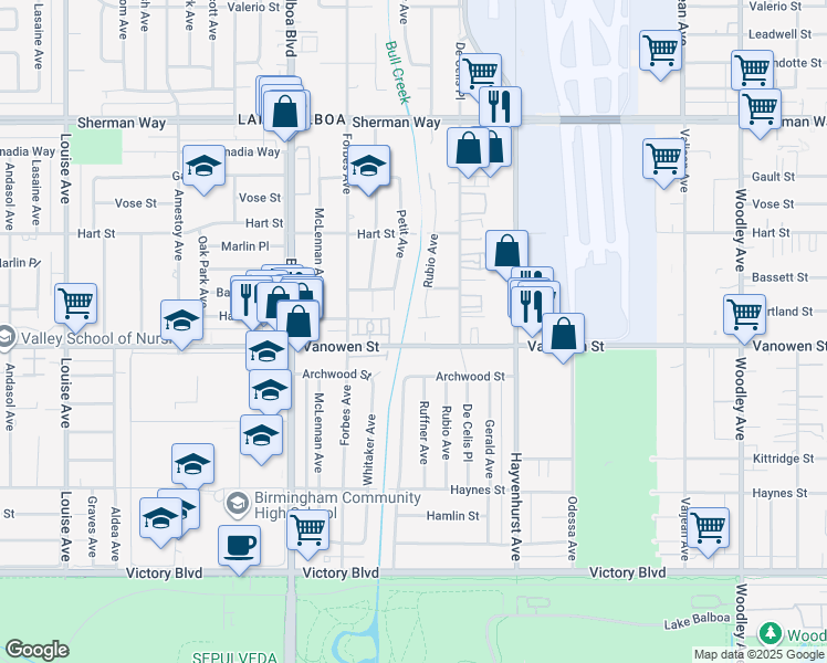 map of restaurants, bars, coffee shops, grocery stores, and more near 16655 Vanowen Street in Los Angeles