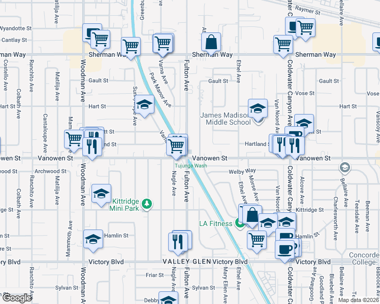 map of restaurants, bars, coffee shops, grocery stores, and more near 13253 Vanowen Street in Los Angeles