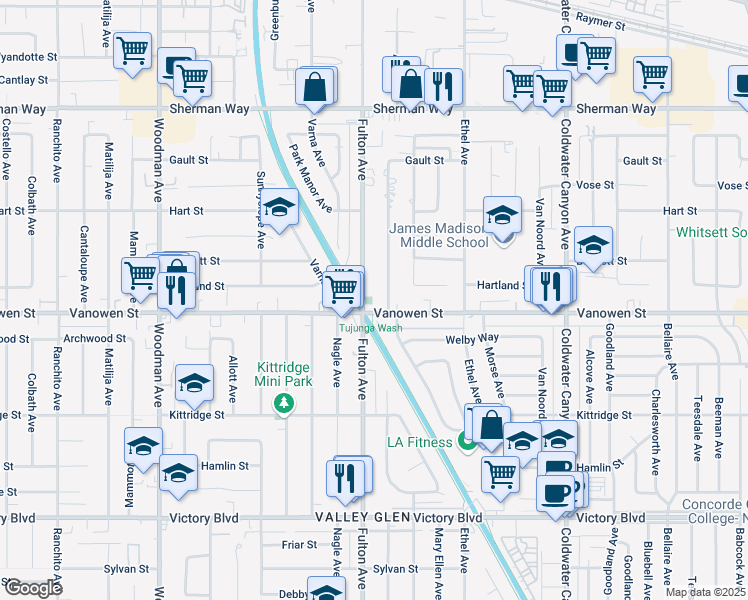 map of restaurants, bars, coffee shops, grocery stores, and more near 13255 Vanowen Street in Los Angeles