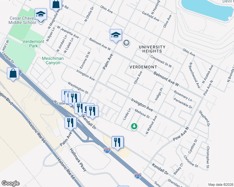 map of restaurants, bars, coffee shops, grocery stores, and more near 6194 North Patricia Court in San Bernardino