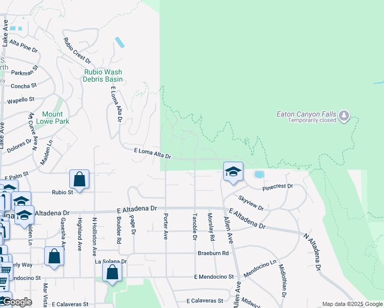 map of restaurants, bars, coffee shops, grocery stores, and more near 1695 East Loma Alta Drive in Altadena