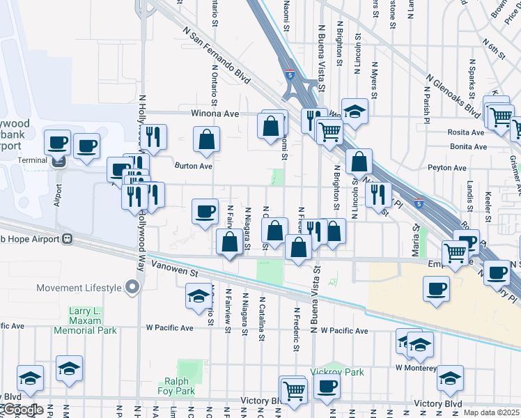 map of restaurants, bars, coffee shops, grocery stores, and more near 2304 North Catalina Street in Burbank