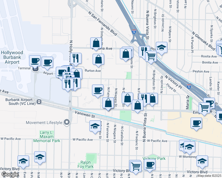 map of restaurants, bars, coffee shops, grocery stores, and more near 2305 North Niagara Street in Burbank