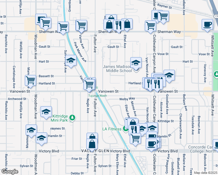 map of restaurants, bars, coffee shops, grocery stores, and more near 13205 Vanowen Street in Los Angeles