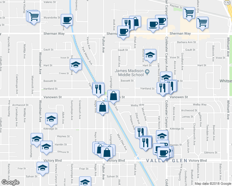 map of restaurants, bars, coffee shops, grocery stores, and more near 13205 Vanowen Street in Los Angeles