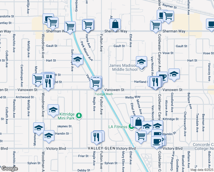 map of restaurants, bars, coffee shops, grocery stores, and more near 13255 Vanowen Street in Los Angeles