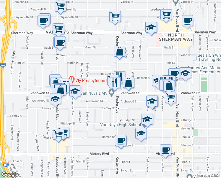map of restaurants, bars, coffee shops, grocery stores, and more near 14915 Vanowen Street in Los Angeles