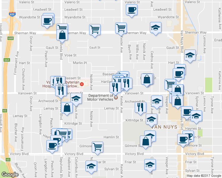 map of restaurants, bars, coffee shops, grocery stores, and more near 15001 Vanowen Street in Los Angeles