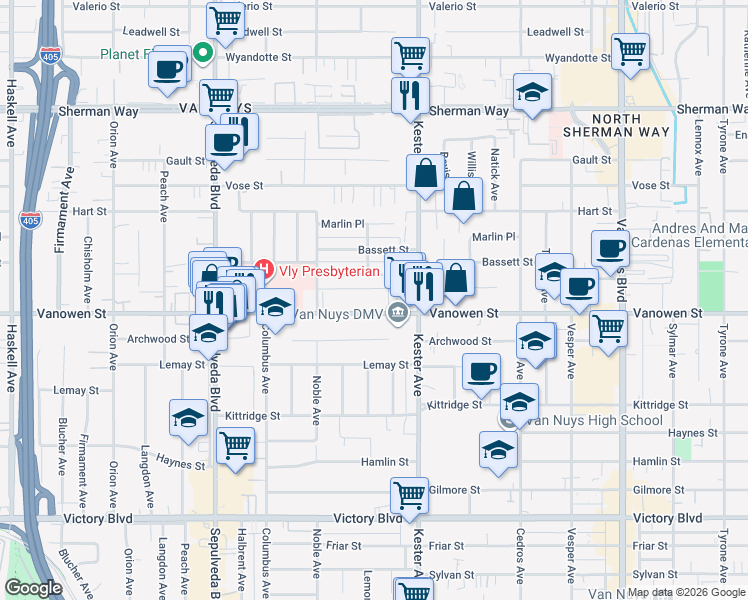 map of restaurants, bars, coffee shops, grocery stores, and more near 15001 Vanowen Street in Los Angeles