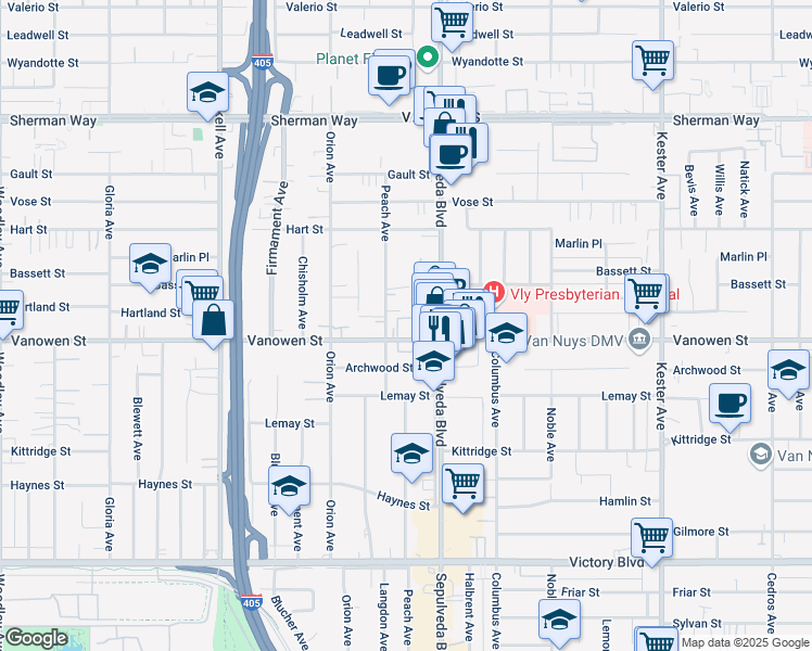 map of restaurants, bars, coffee shops, grocery stores, and more near 15319 Vanowen Street in Los Angeles