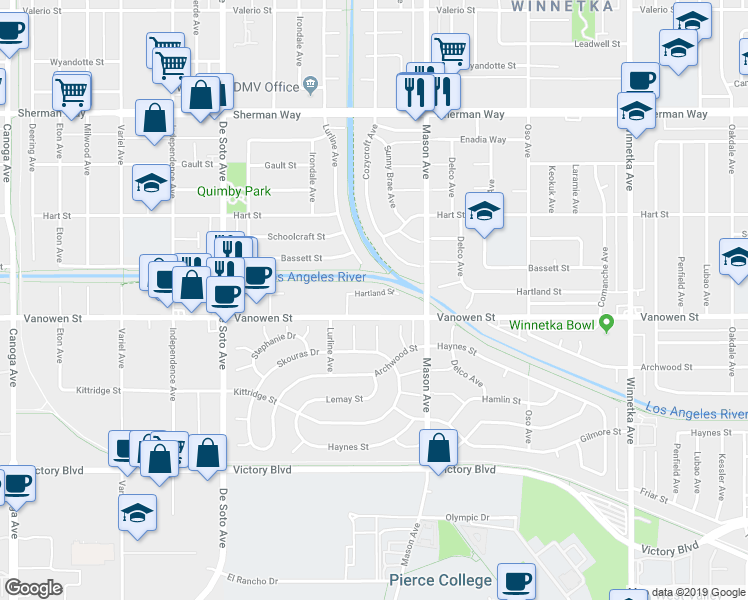 map of restaurants, bars, coffee shops, grocery stores, and more near 20615 Vanowen Street in Los Angeles