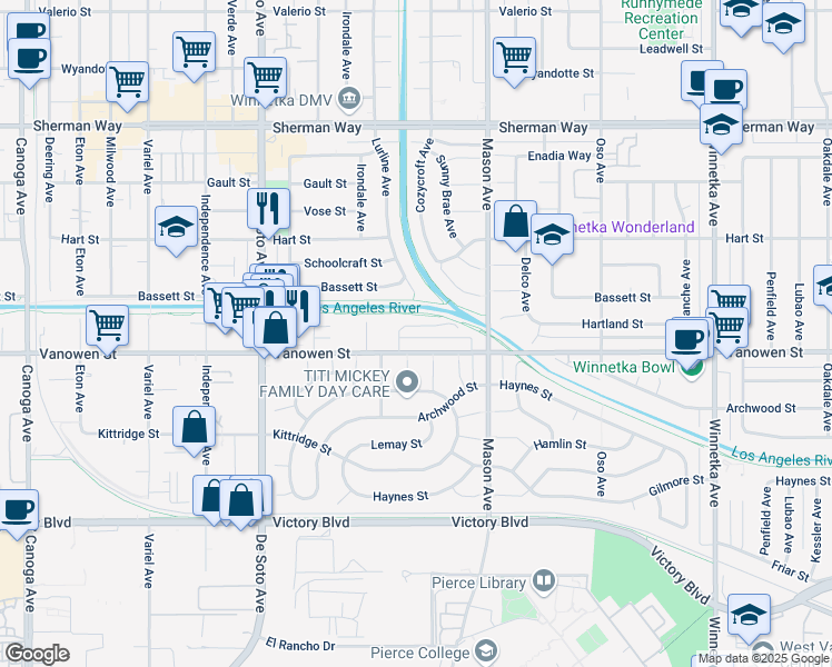 map of restaurants, bars, coffee shops, grocery stores, and more near 20615 Vanowen Street in Los Angeles
