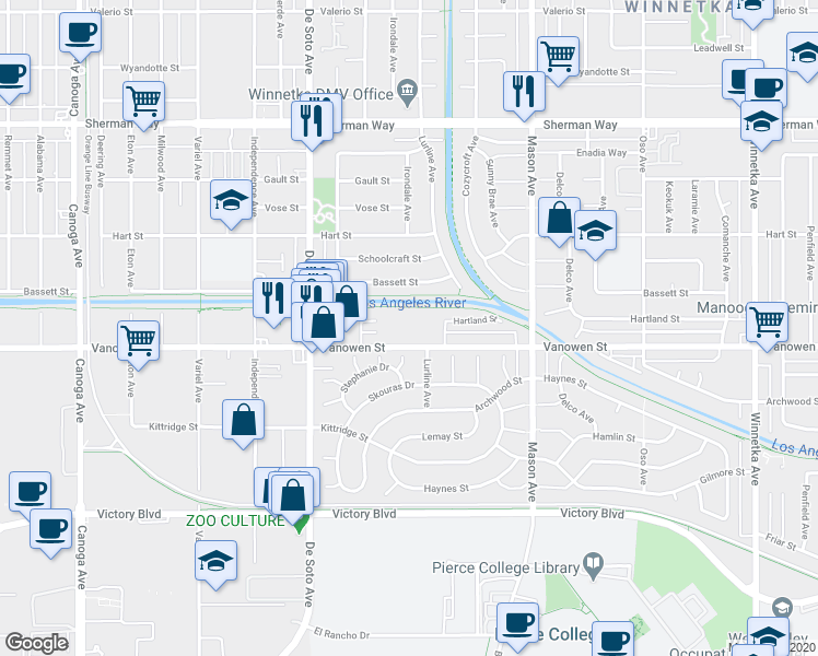 map of restaurants, bars, coffee shops, grocery stores, and more near in Los Angeles