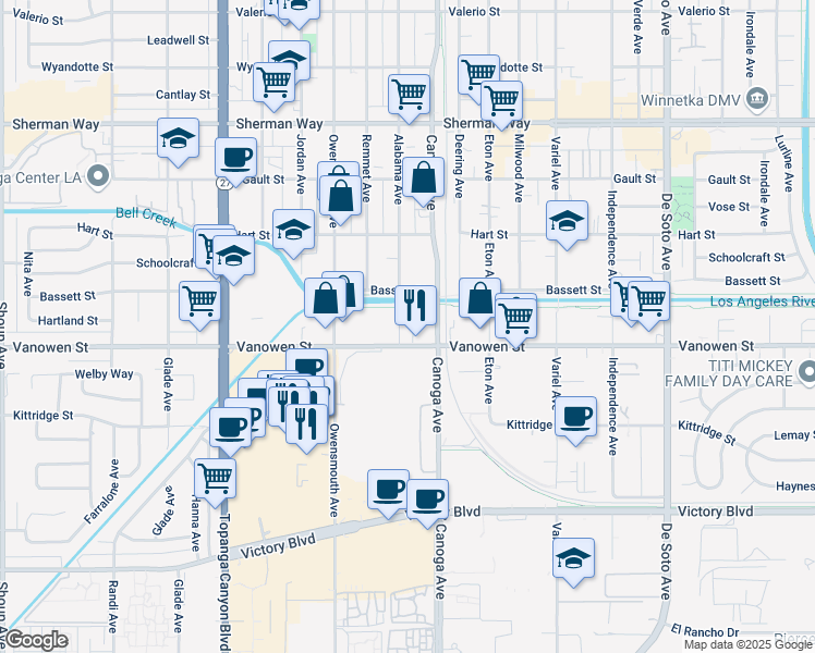 map of restaurants, bars, coffee shops, grocery stores, and more near 21425 Vanowen Street in Los Angeles