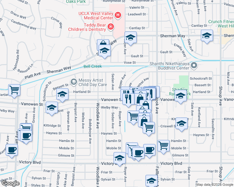 map of restaurants, bars, coffee shops, grocery stores, and more near 23033 Vanowen Street in Los Angeles