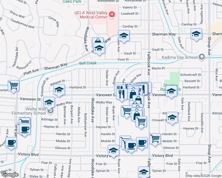 map of restaurants, bars, coffee shops, grocery stores, and more near 23033 Vanowen Street in Los Angeles